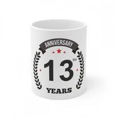 White ceramic 13th anniversary printed coffee mug, 330ml capacity for gifts or celebrations